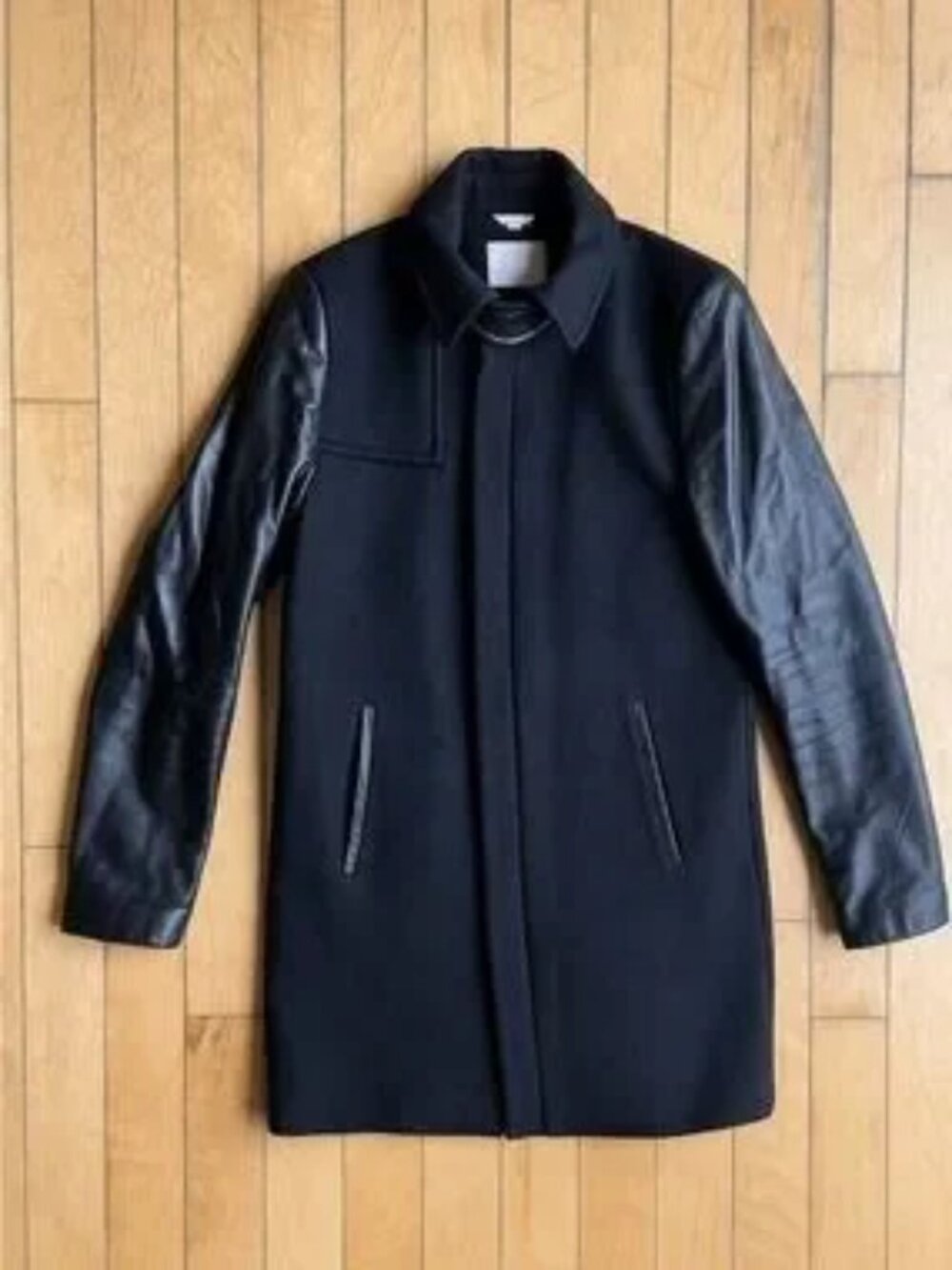 SOIA & KYO Wool Blend Real Leather Sleeves Minimalist Luxe Coat Size Medium